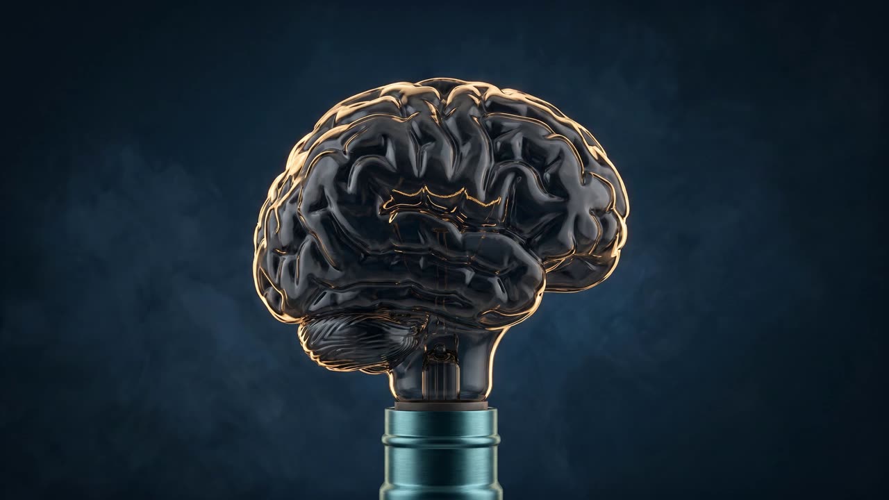 A dark glass brain-shaped lightbulb, its filament beginning to glow